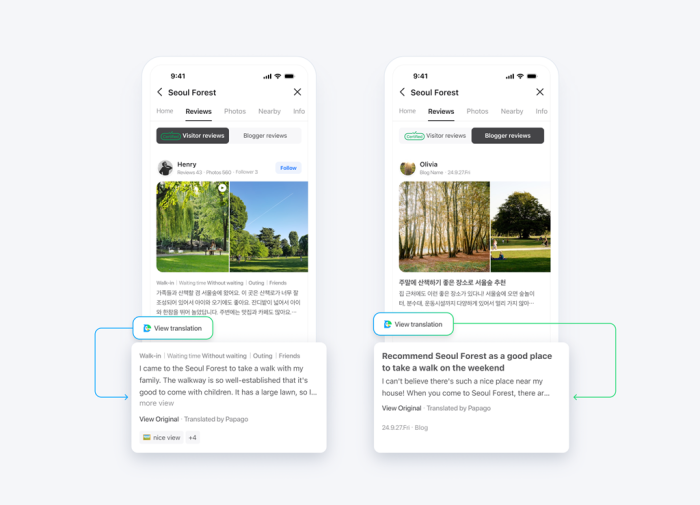 Korean-language　review　of　Seoul　Forest,　a　popular　tourist　spot,　translated　into　English　on　Naver　Map　(Courtesy　of　Naver)