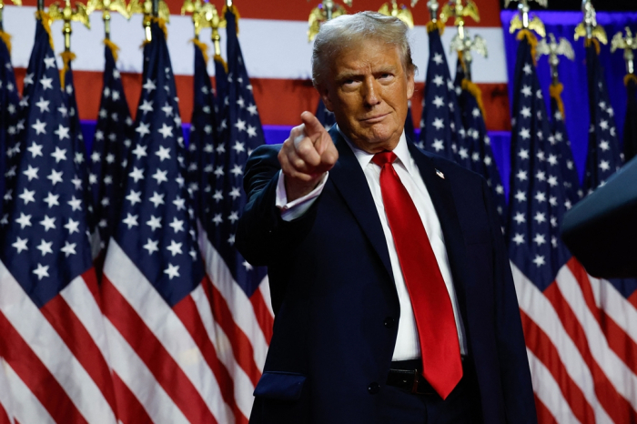 Republican presidential nominee former President Donald Trump at an election night watch party on Nov. 5, 2024, in West Palm Beach, Fla (Courtesy of AP via Yonhap)