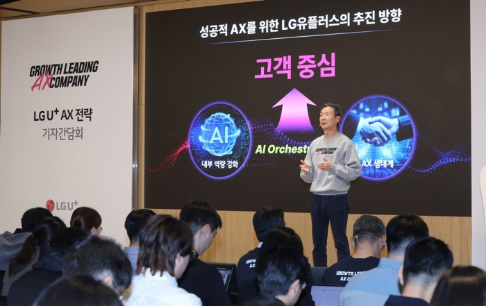 LG Uplus CEO Hwang Hyeon Sik explains its AI transformation strategy to the press at the company’s headquarters in Seoul on Nov. 7, 2024 (Photo by Bum-June Kim)