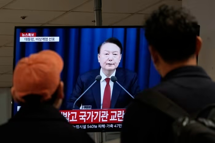 South Korean President Yoon Suk Yeol speaking to the nation in a televised address. Photo: Ahn Young-joon/AP