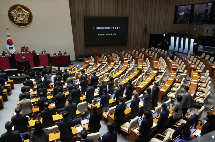 Ruling party member seats are vacant as they walked out of the National Assembly chamber before a parliamentary vote on the impeachment of President Yoon Suk Yeol