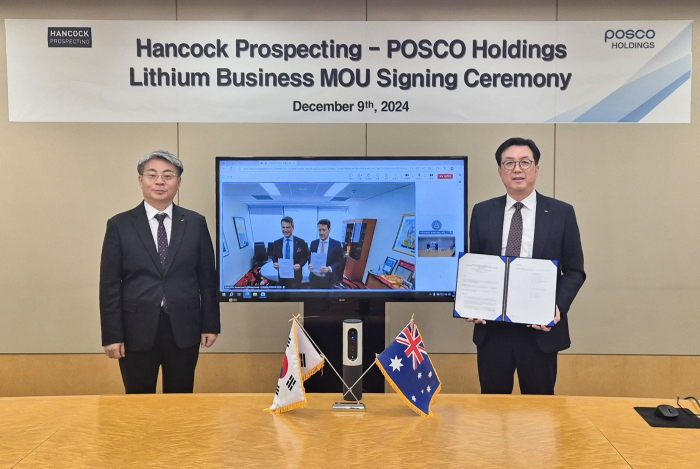 Kim Jun-hyung (far left), POSCO Holdings' head of rechargeable battery materials; Garry Korte (third from left), Hancock Prospecting CEO; and Lee Sung-won (far right), POSCO Holdings' head of lithium project department