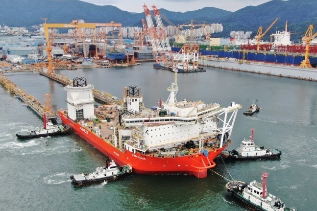 A wind turbine installation vessel built by Hanwha Ocean