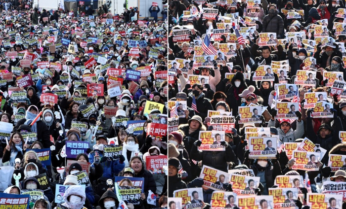 Protesters (left) call to remove South Korean President Yoon Suk Yeol from office, while Yoon’s supporters oppose his impeachment in Seoul on Dec. 28, 2024. The finance ministry slashed its economic growth forecast for 2025 amid the ongoing political turmoil (File photo by News1)