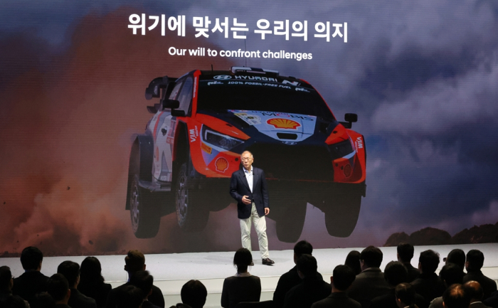 Hyundai Motor Executive Chair Chung Euisun delivers a New Year's address to a group of employees in Goyang, near Seoul, on Jan. 6, 2025