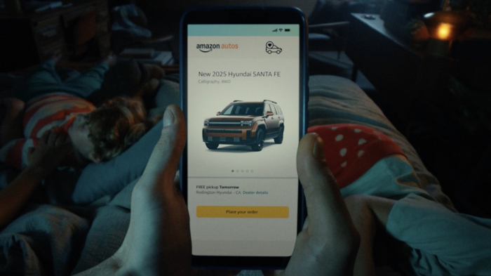 Hyundai’s US Amazon 'Add to Cart' ad on TV. A customer looks at a Hyundai Santa Fe SUV on Amazon Autos