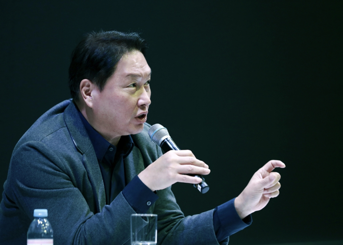 SK Group Chairman Chey Tae-won holds a press conference during CES 2025 to announce SK Hynix's collaboration with Nvidia on the Cosmos platform for physical AI