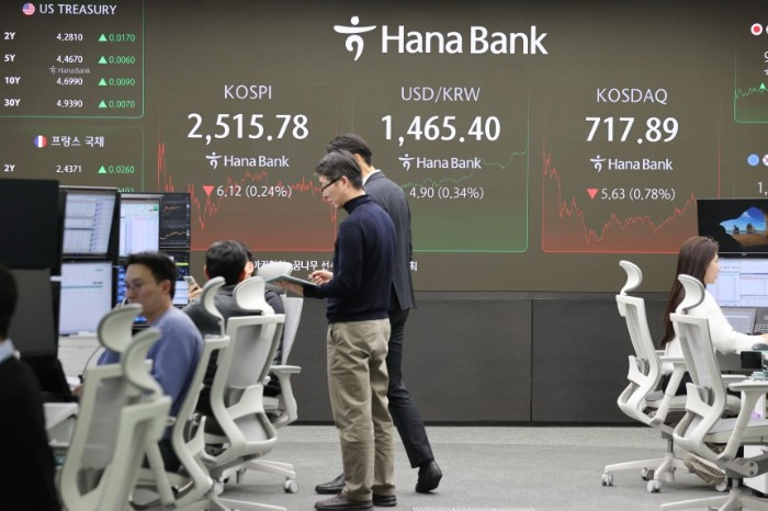 Stock　traders　at　Hana　Bank's　dealing　room　in　Seoul