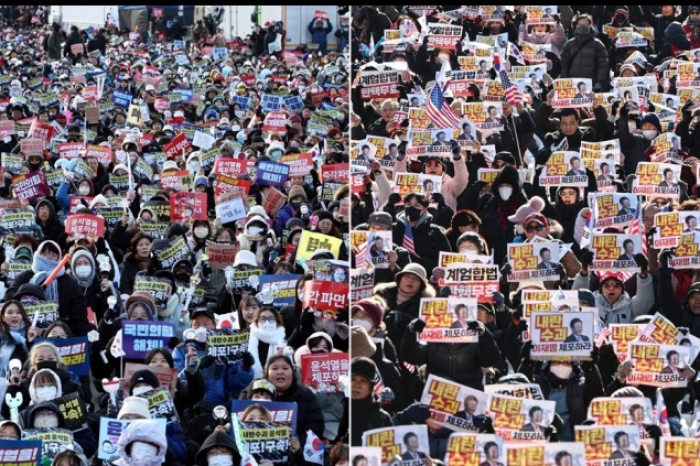 Protesters　(left)　call　to　remove　South　Korean　President　Yoon　Suk　Yeol　from　office,　while　Yoon’s　supporters　oppose　his　impeachment　in　Seoul　on　Dec.　28,　2024.　The　finance　ministry　slashed　its　economic　growth　forecast　for　2025　amid　the　ongoing　political　turmoil　(File　photo　by　News1)