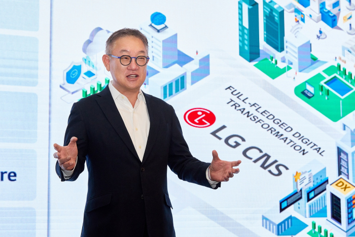 Hyun Shin-kyun, CEO of LG CNS, speaks at a press conference on Jan. 9, 2025