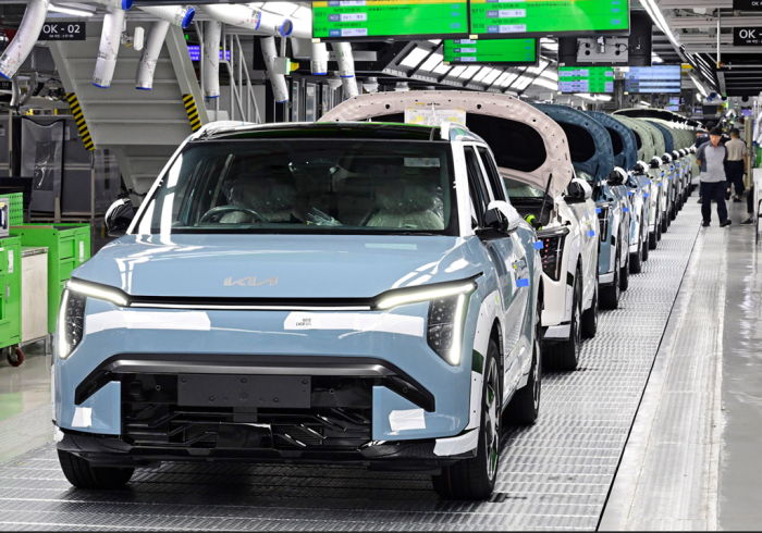 Kia EV3 SUVs roll out of the assembly line at the Kia Gwangmyeong EVO Plant, Hyundai Motor Group’s first EV-dedicated factory