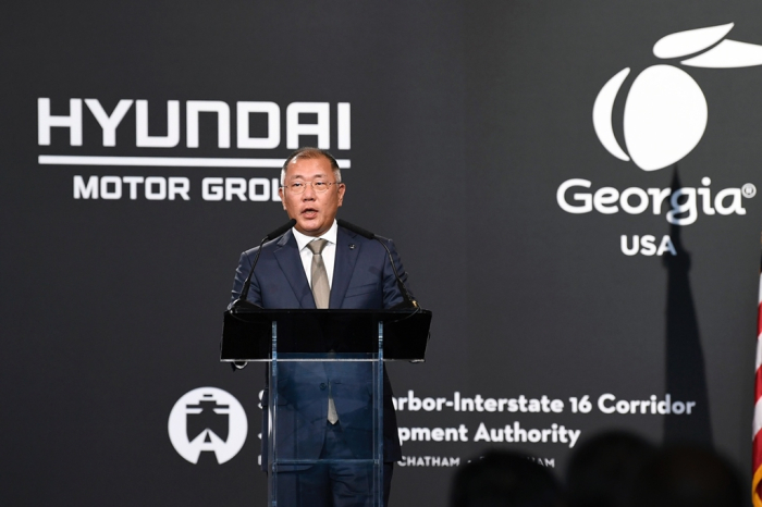 Hyundai Motor Group Chairman Chung Euisun speaks at the carmaker's new EV plant ground-breaking ceremony in Georgia, US in 2022