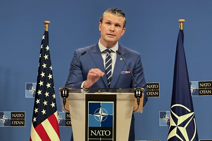 US Defense Secretary Pete Hegseth speaks at a press conference in Brussels in February (Courtesy of Yonhap)