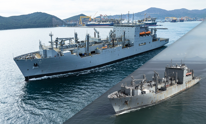 USNS Wally Schirra departs Hanwha Ocean shipyard after a six-month overhaul at the shipyard in Geoje, Korea on March 13, 2025. The image in the lower right corner shows the ship before the overhaul.
