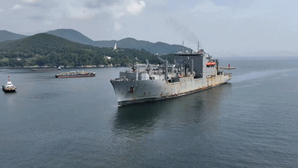 USNS Wally Schirra departs Hanwha Ocean shipyard after a six-month overhaul at the shipyard in Geoje, Korea on March 13, 2025. The video shows the US naval ship before and after the overhaul.