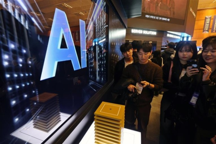 SK Hynix's HBM3E, the fifth-generation HBM chip, on display at an AI exhibition in October, 2024