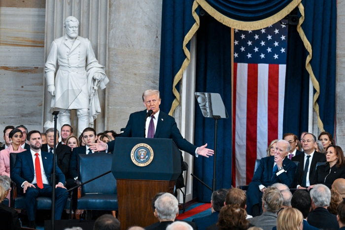 US　President　Donald　Trump　speaks　after　being　sworn　in　as　president　of　the　United　States　at　the　US　Capitol　building　in　Washington,　D.C.　on　Jan.20,　2025　(Courtesy　of　Yonhap)