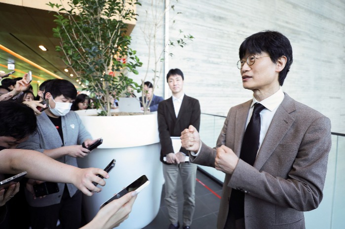 Lee Hae-jin, Naver’s board chair and founder, speaks to reporters after Naver's annual shareholders' meeting on March 26, 2025 (Courtesy of Yonhap)