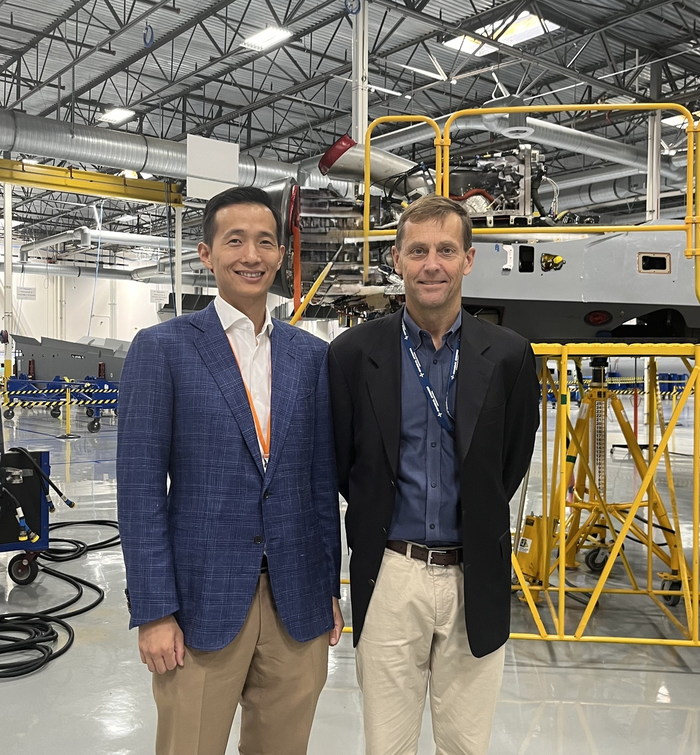 Hanwha　Group　Vice　Chairman　Kim　Dong-kwan　(left)　and　General　Atomics　Aeronautical　Systems　Vice　Chair　and　CEO　Linden　Blue　at　GA-ASI's　US　headquarters　in　August　2024