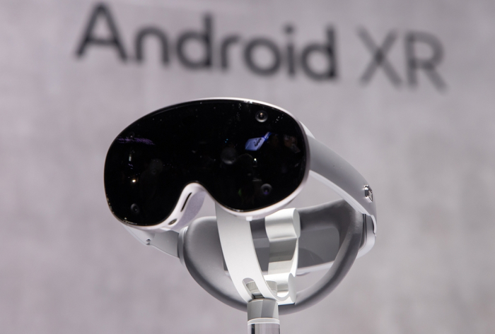 A headset code-named Project Moohan, built by Samsung and based on Google’s Android XR software, on display at the Galaxy Unpacked 2025 in San Jose