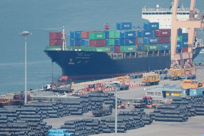 Stacks of steel rolls pile up at a port in Pyeongtaek, Gyeonggi Province