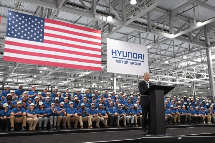 Hyundai Motor Chairman Chung Euisun speaks during the opening ceremony of Hyundai Motor Group Metaplant America (HMGMA) in Ellabell, Georgia, on March 26, 2025