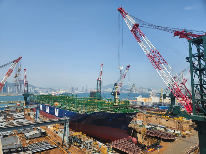 HJ Heavy Industries, formerly Hanjin Heavy Industries, builds a container ship for HMM at its shipyard in Busan, South Korea