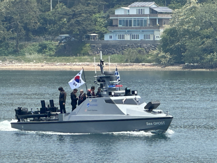 Hanwha Systems demonstrates its first unmanned surface vessel (USV) Hae-ryeong, or Sea Ghost, at a seaport in South Korea