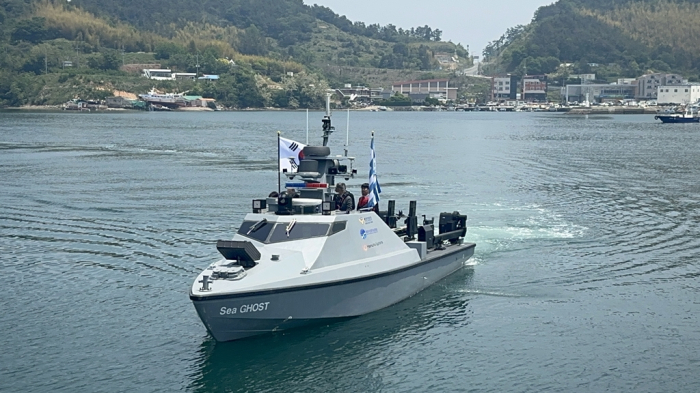 Hanwha Systems' first unmanned surface vessel (USV) Hae-ryeong, or Sea Ghost, at a seaport in South Korea