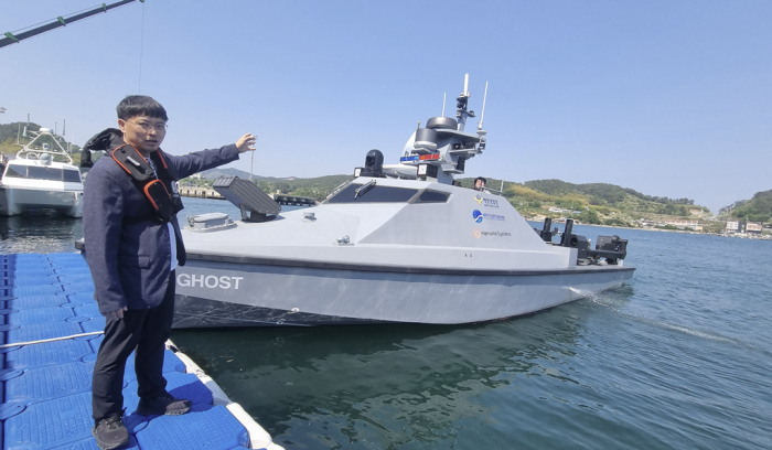 Hanwha Systems' first unmanned surface vessel (USV) Hae-ryeong, or Sea Ghost, at a seaport in South Korea