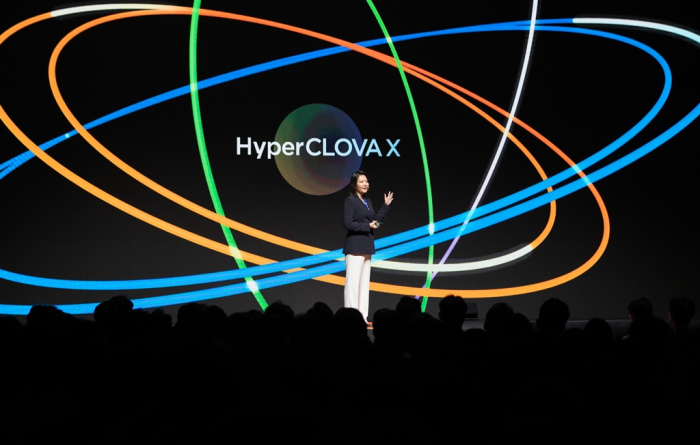 Naver CEO Choi Soo-yeon unveils hyperscale AI platform HyperCLOVA X on Aug. 24, 2023