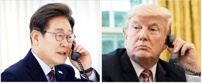 South　Korea's　new　President　Lee　Jae-myung　(left)　holds　his　first　phone　call　with　Trump　on　June　6,2025　(Courtesy　of　AFP　via　Yonhap)