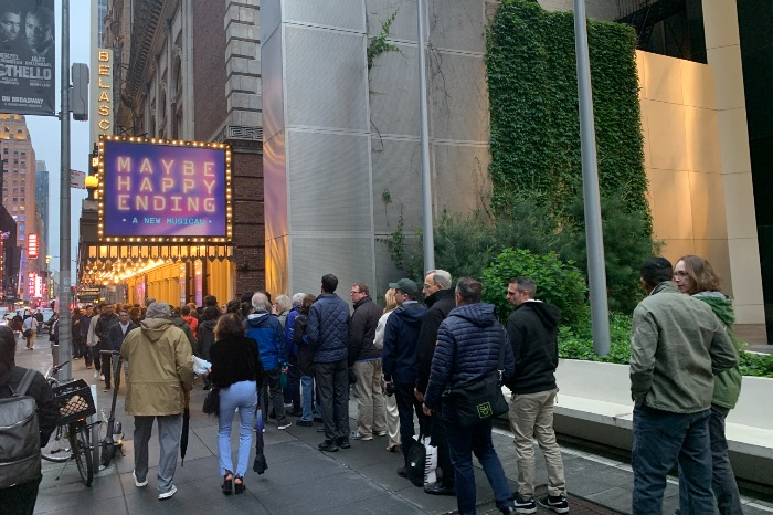 A long line of Maybe Happy Ending audiences formed outside the Belasco Theater in New York