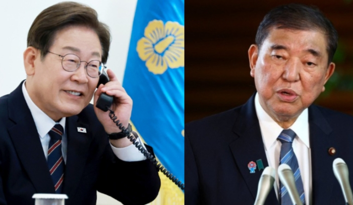 South Korean President Lee Jae-myung (left) has his first phone call with Japanese Prime Minister Shigeru Ishiba on June 9, 2025