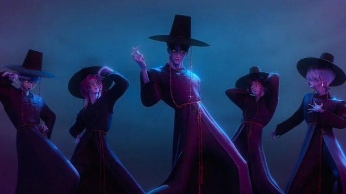 Saja Boys, demons in disguise, are arch rivals of Huntrix, a female superstar band in the Nextflix film KPop Demon Hunters (Courtesy of Netflix)