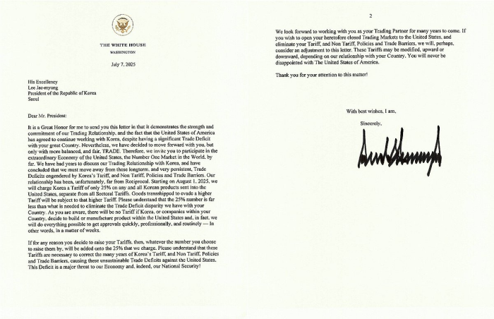 Donald Trump posts his letter to South Korean President Lee Jae-myung on his Truth Social platform