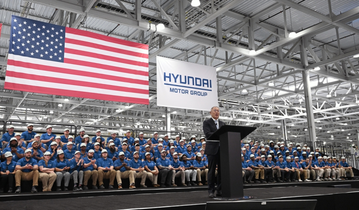 Hyundai Motor Chairman Chung Euisun speaks during the opening ceremony of Hyundai Motor Group Metaplant America (HMGMA) in Ellabell, Georgia, on March 26, 2025