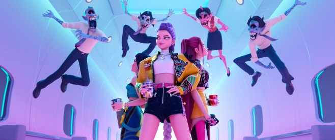 Huntrix, the fictional K-pop girl group featured in KPop Demon Hunters, finds itself surrounded by demons (Courtesy of Netflix)