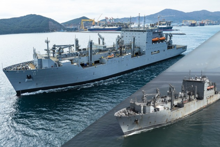 USNS Wally Schirra departs Hanwha Ocean shipyard after a six-month overhaul at the shipyard in Geoje, Korea on March 13, 2025. The image in the lower right corner shows the ship before its MRO revamp