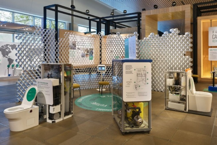 Toilets featured in the exhibition, A Better Way to Go: Toilets and the Future of Sanitation, at the Gates Foundation Discovery Center in Seattle, Washington (Courtesy of Gates Foundation) 
