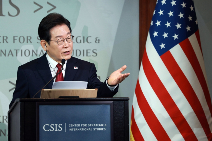 South Korean President Lee Jae Myung delivers a speech at the Center for Strategic and International Studies (CSIS) in Washington, D.C., on Aug. 25, 2025