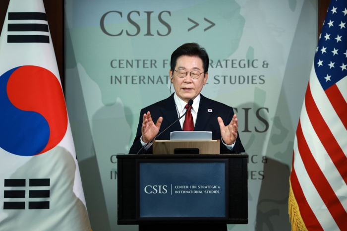 South Korean President Lee Jae Myung delivers a speech at the Center for Strategic and International Studies (CSIS) in Washington, D.C.