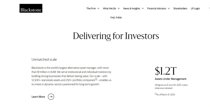 Blackstone, a US-based global private equity firm, handles />.2 trillion in assets under management (Screenshot captured from its website)